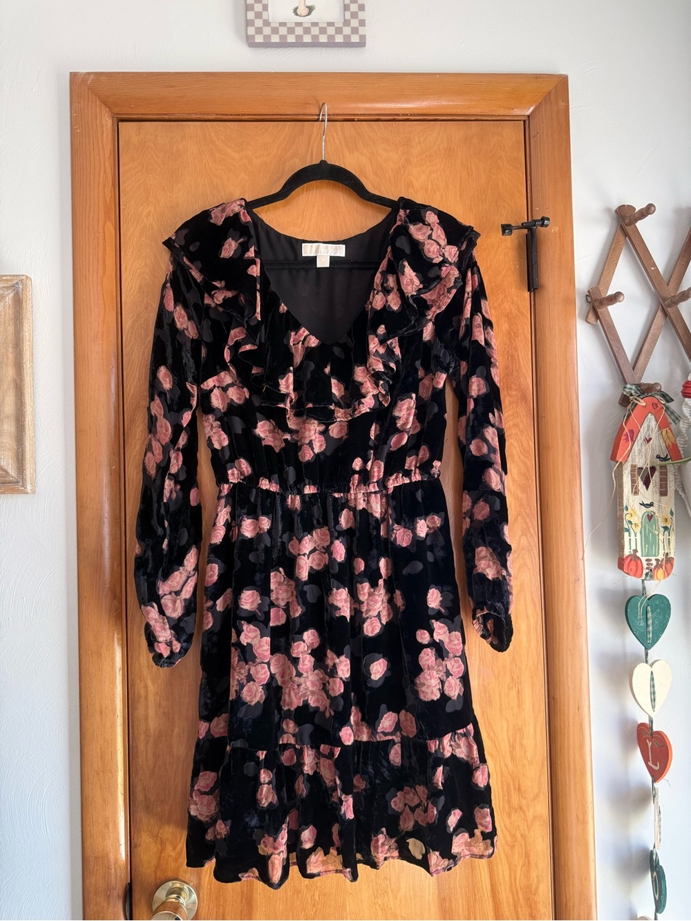 Michael Kors Black Velvet Long Sleeve Dress with Pink Floral Print